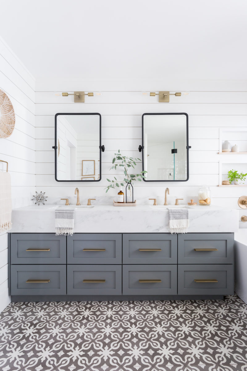 Light Airy Bathroom With Shiplap Patterned Tile Mixed Metals Haven