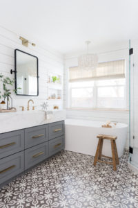 Light & Airy Bathroom with Shiplap, Patterned Tile & Mixed Metals - Haven