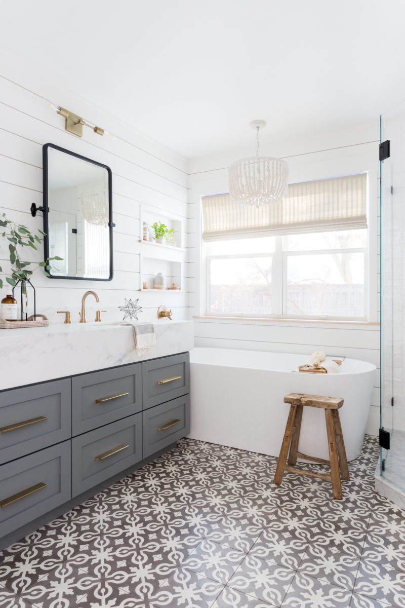 Light & Airy Bathroom with Shiplap, Patterned Tile & Mixed Metals · Haven