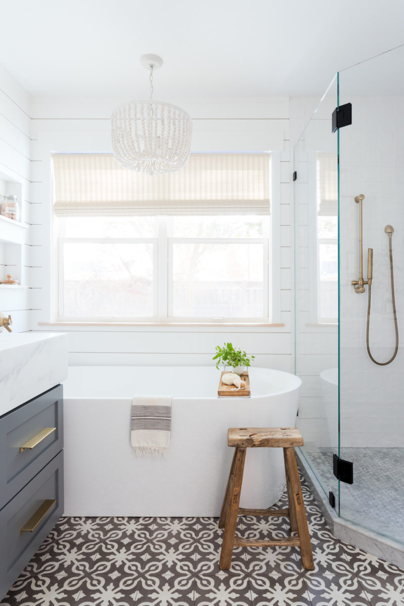 Light & Airy Bathroom with Shiplap, Patterned Tile & Mixed Metals · Haven