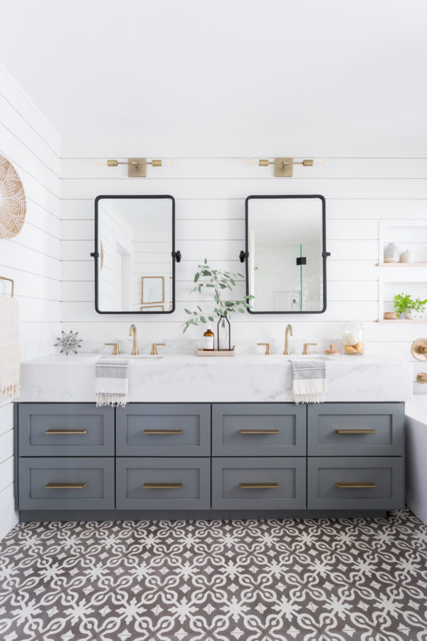 Light & Airy Bathroom with Shiplap, Patterned Tile & Mixed Metals · Haven