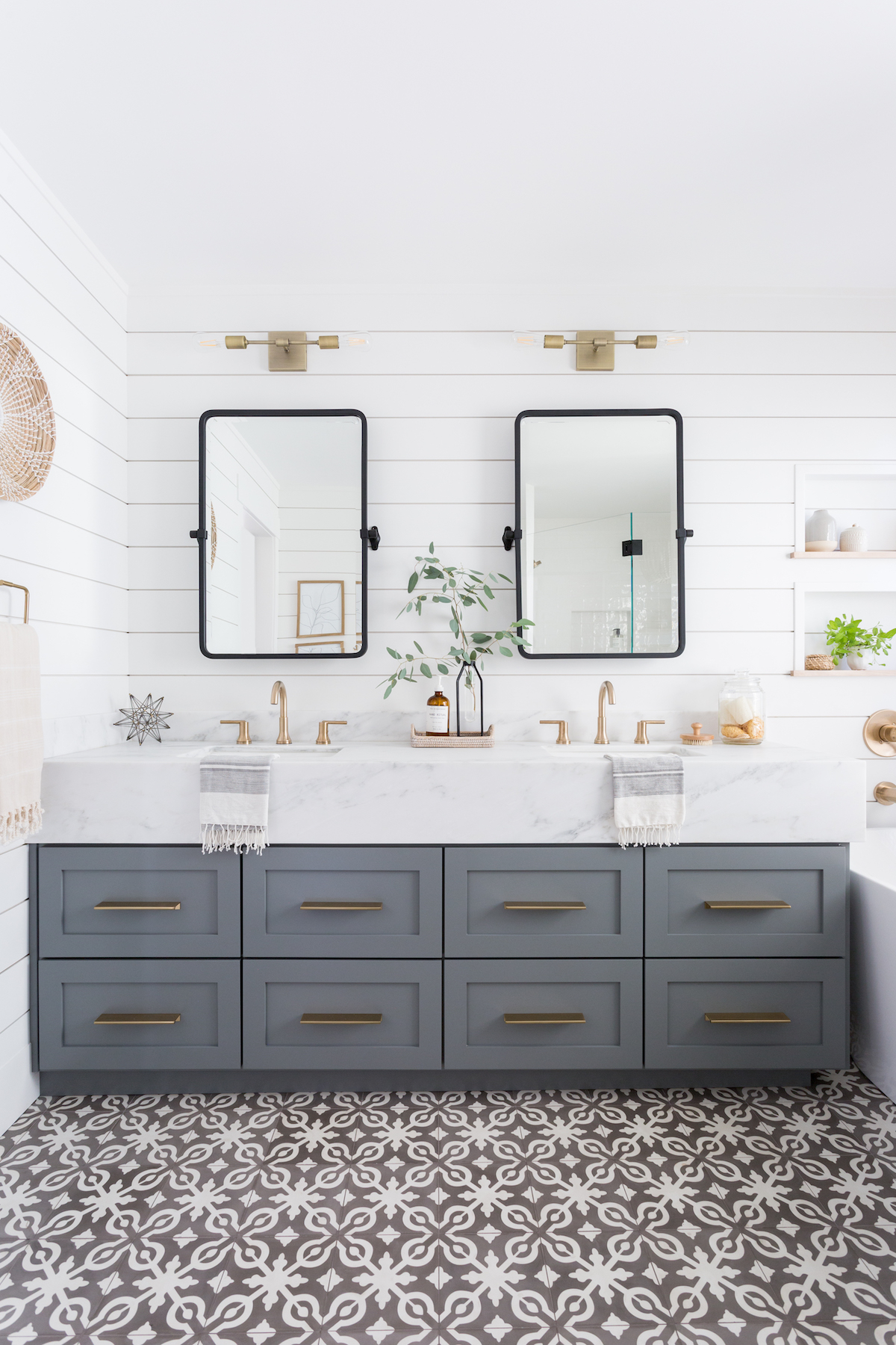 Light & Airy Bathroom with Shiplap, Patterned Tile & Mixed Metals - HAVEN