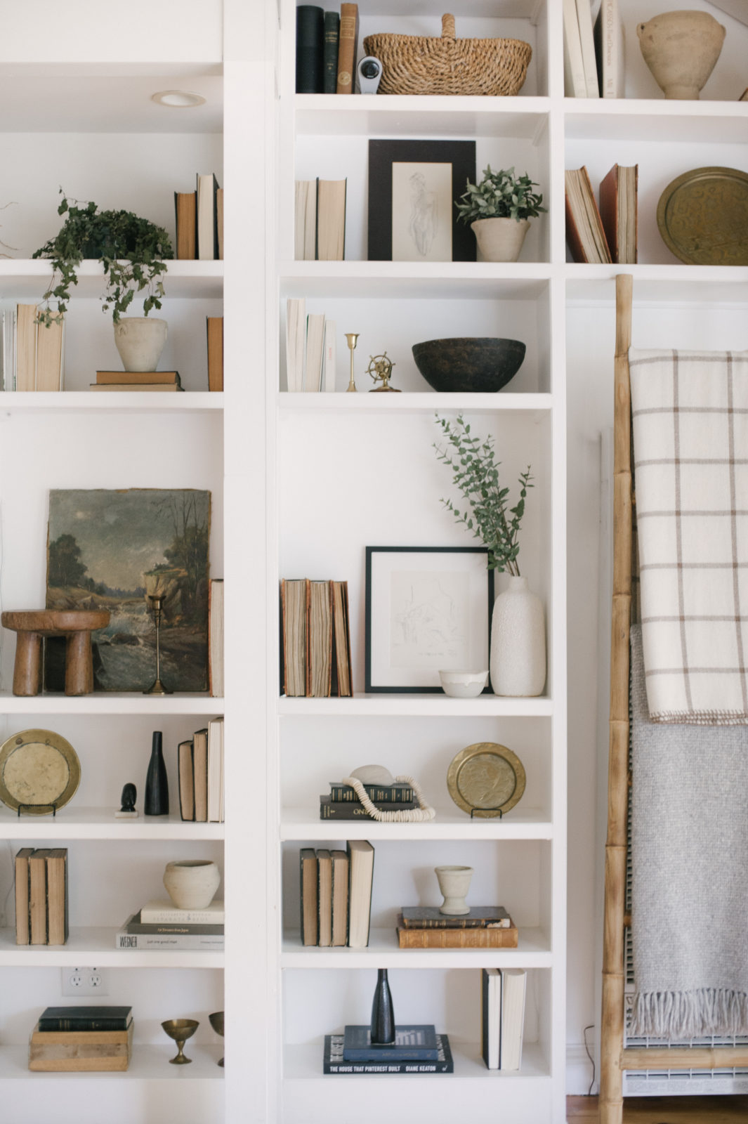 tall white shelves with various books and decor and a decorative blanket ladder